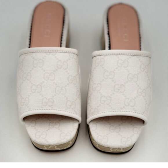 NIB-Gucci White GG Canvas Block Heel Slide Sandals - 37 - Picture 2 of 9